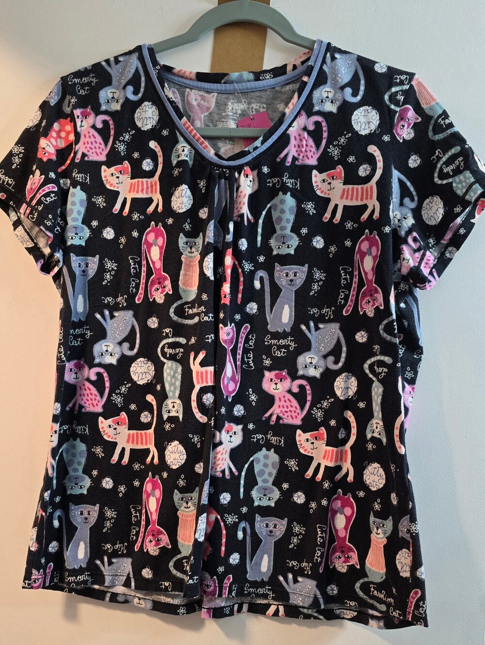 132 Secret Treasures Black Cat Print Short Sleeve Pajama Top - Pink, Gray, Blue